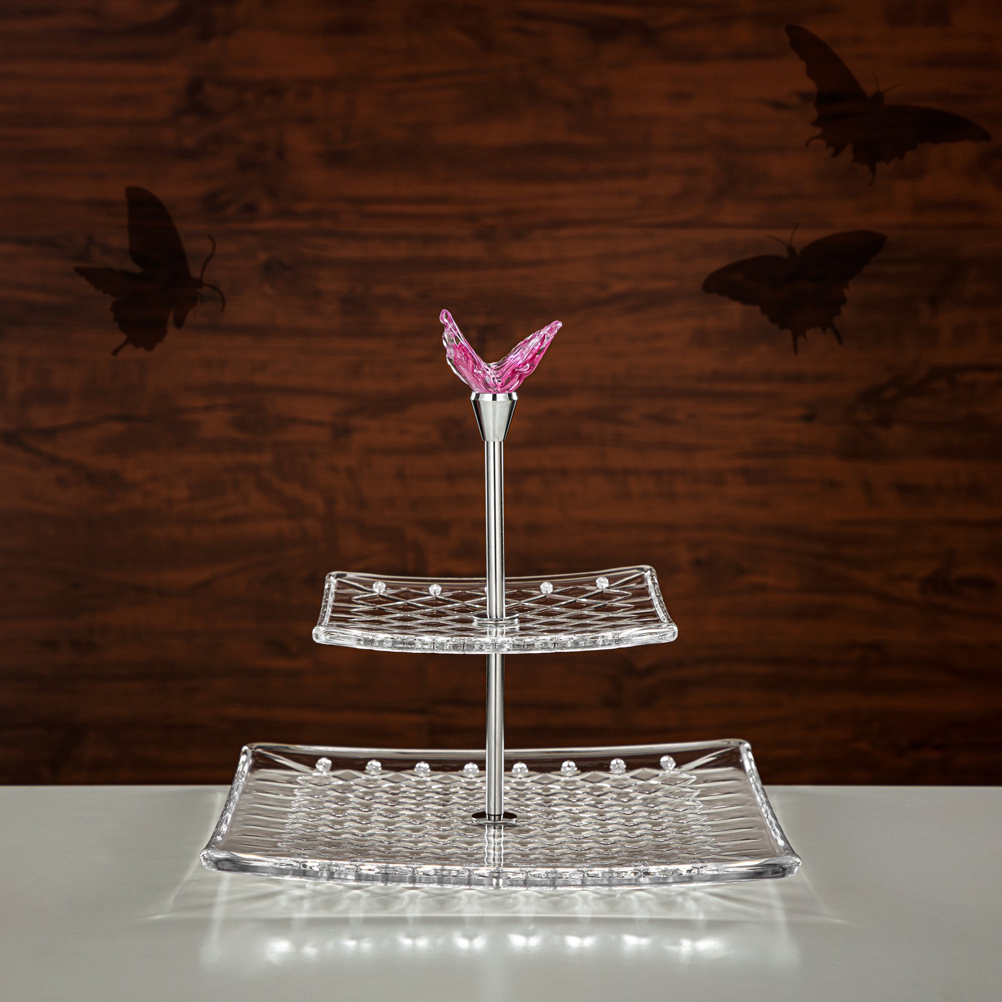 Almarjan Square Sweet Stand Glass Two Tiers Clear & Pink (40816-278/S2-BG) Elegant Hosting Pieces