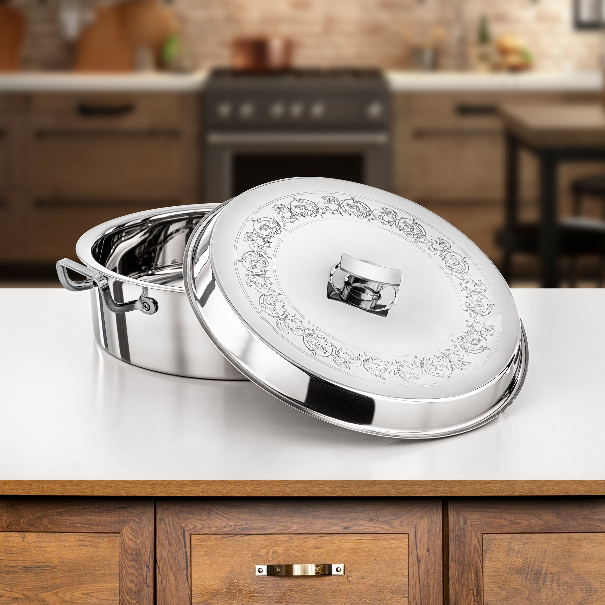 طقم حرارات المرجان ستانلس ستيل فضي بغطاء محفور قطعتان 4800مل و6000مل (H25P9) – مجموعة بدر | أدوات تقديم فاخرة