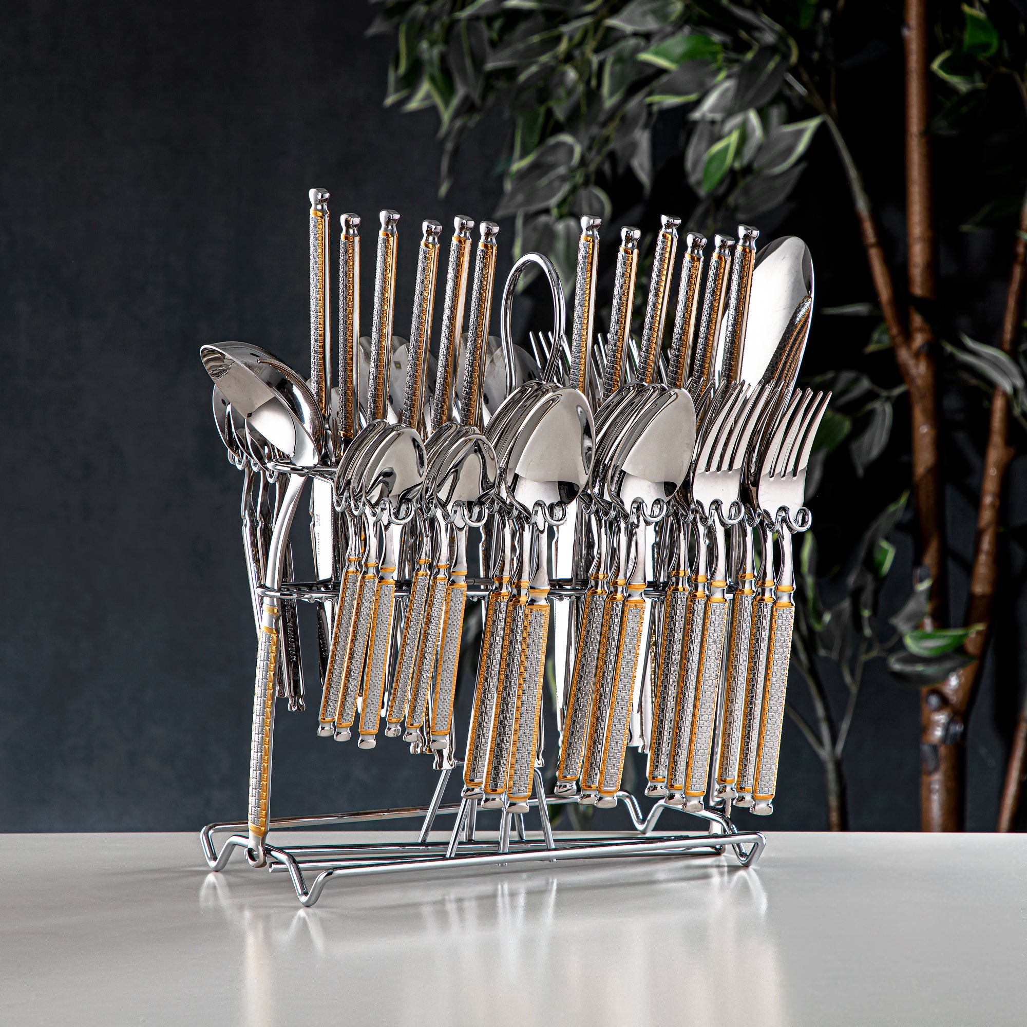 Almarjan Stainless Steel 50 Pieces Cutlery Set Silver & Gold - CUT0010261