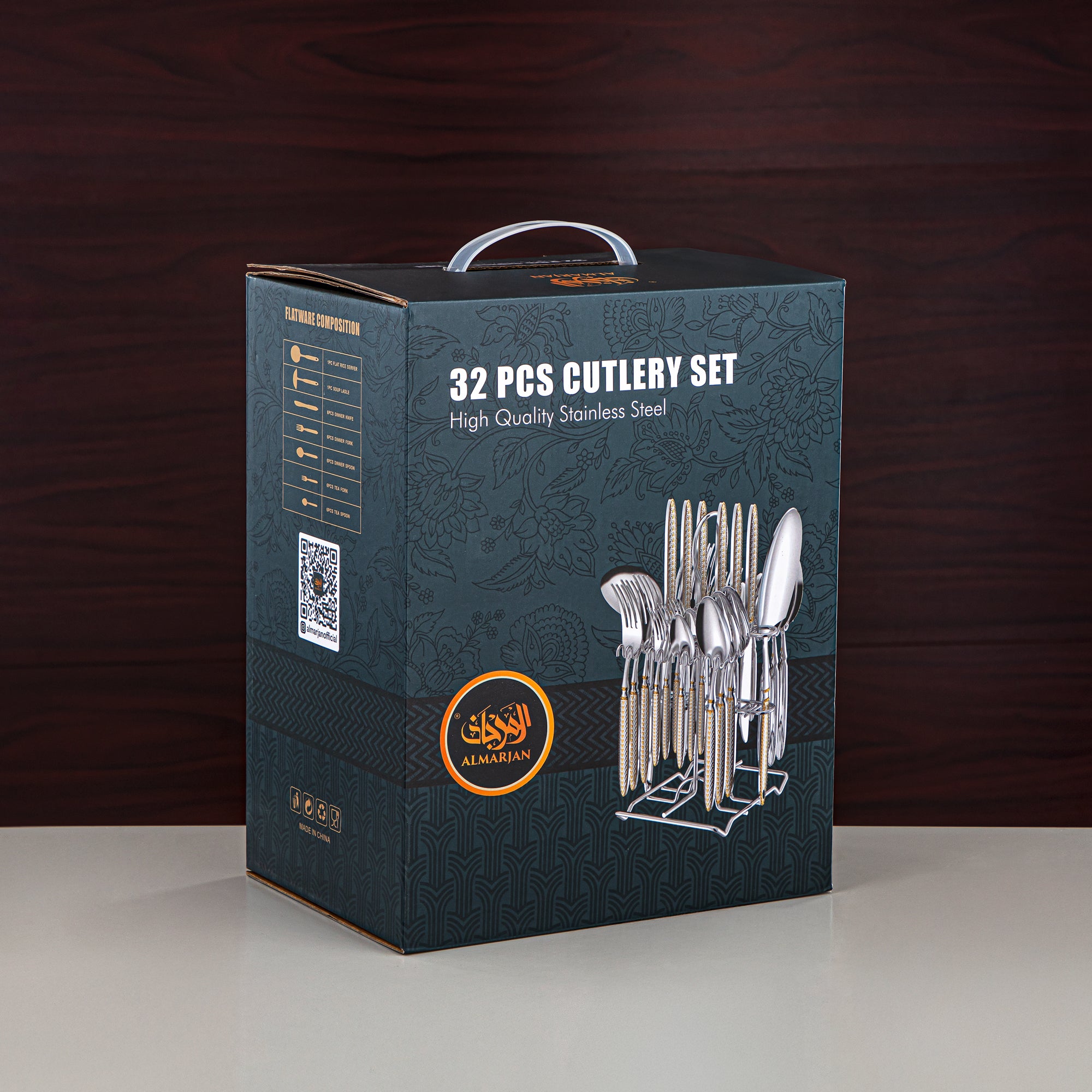Almarjan Cutlery Set 32 Pieces, Stainless Steel, With Stand, Silver (CUT0010445) Elegant Cutlery Set