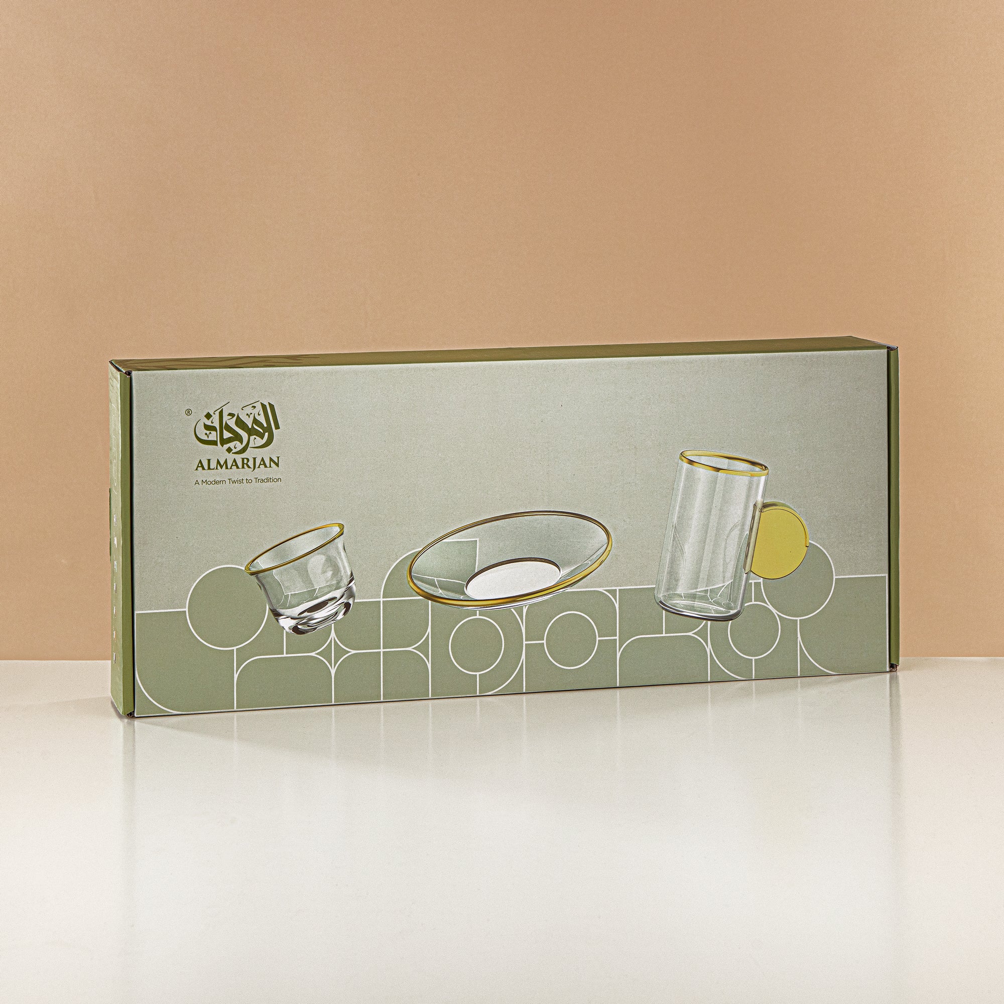 Almarjan Tea & Coffee Set 18 Pieces, Glass, Tiffany Green Rim & Handle (FB808-18 ALLTF) - Elegant Serveware for Tea & Coffee