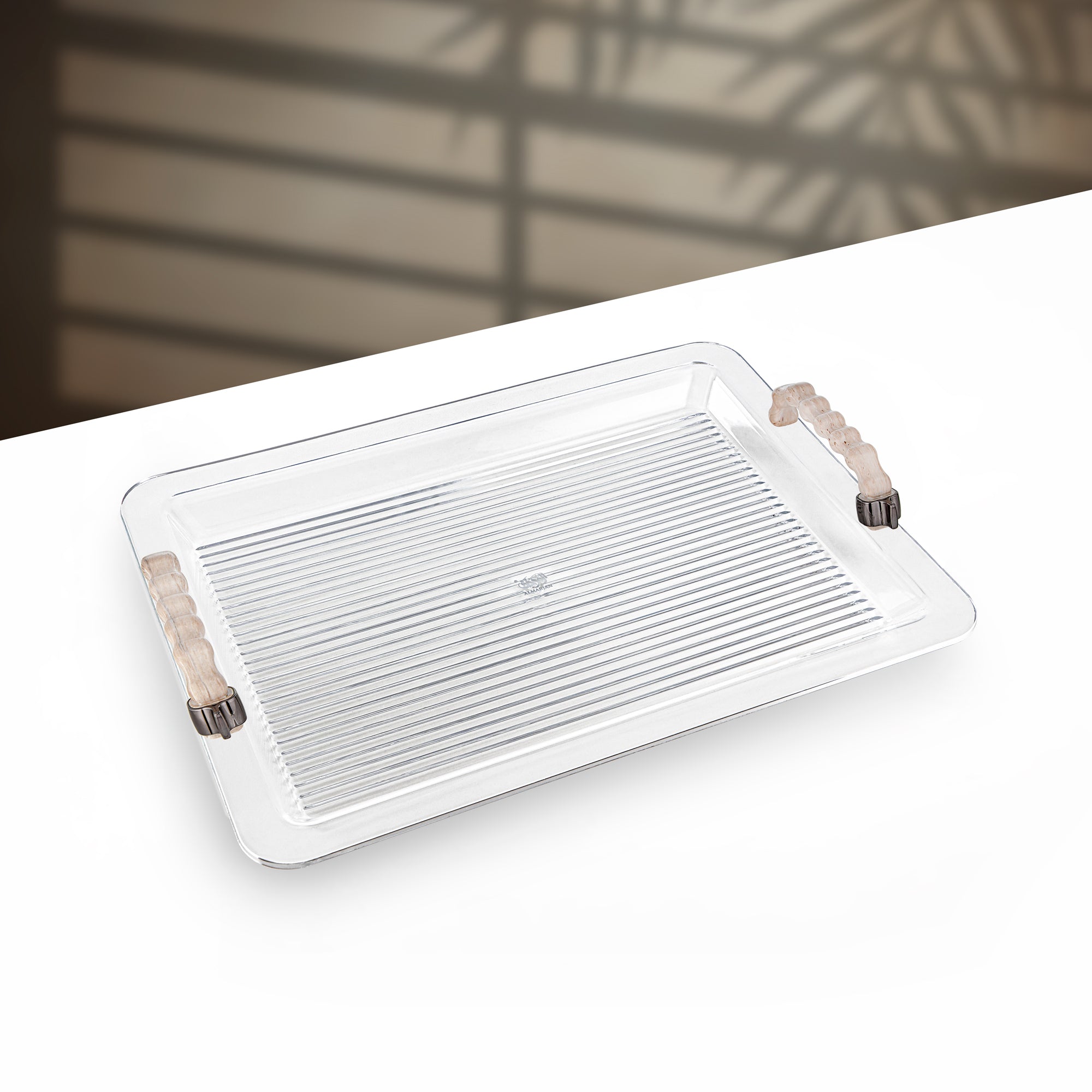 Almarjan 50 cm Acrylic Serving Tray, Gun Black & Travertine Marble
