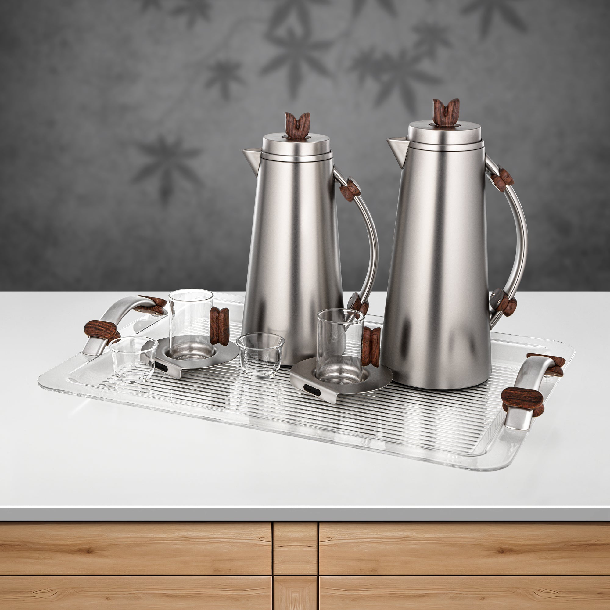 Almarjan 21 Pieces Tea & Coffee Set, Matt Nickel & Dark Wood