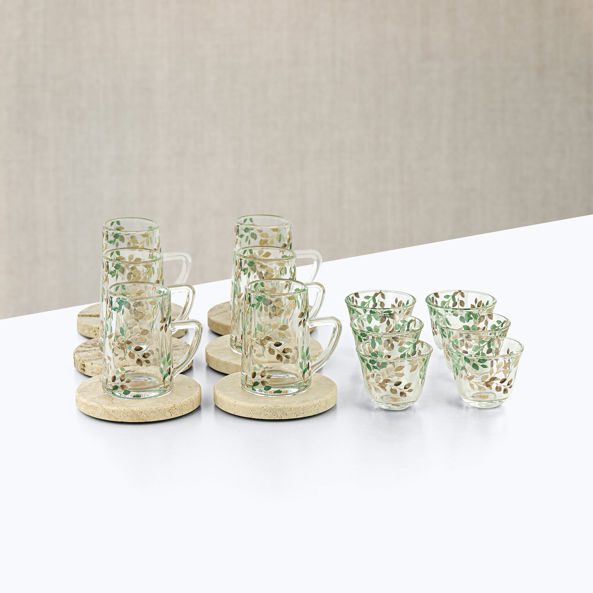 Almarjan Tea & Arabic Coffee Set 18 Pieces Glass & Travertine