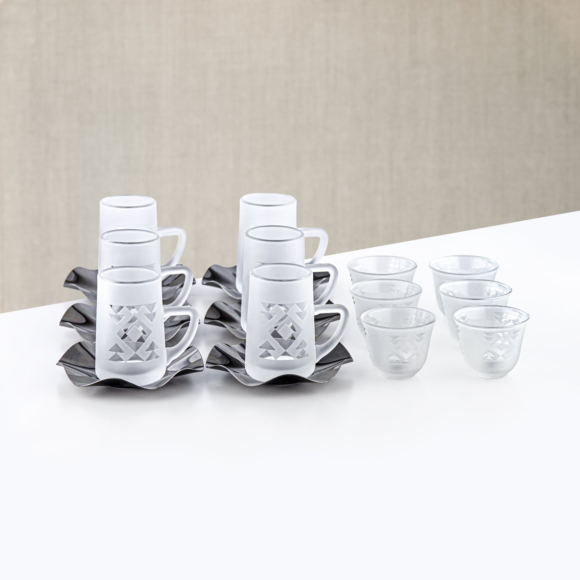 Almarjan Tea & Arabic Coffee Set 18 Pieces Frost Glass & Stainless Steel