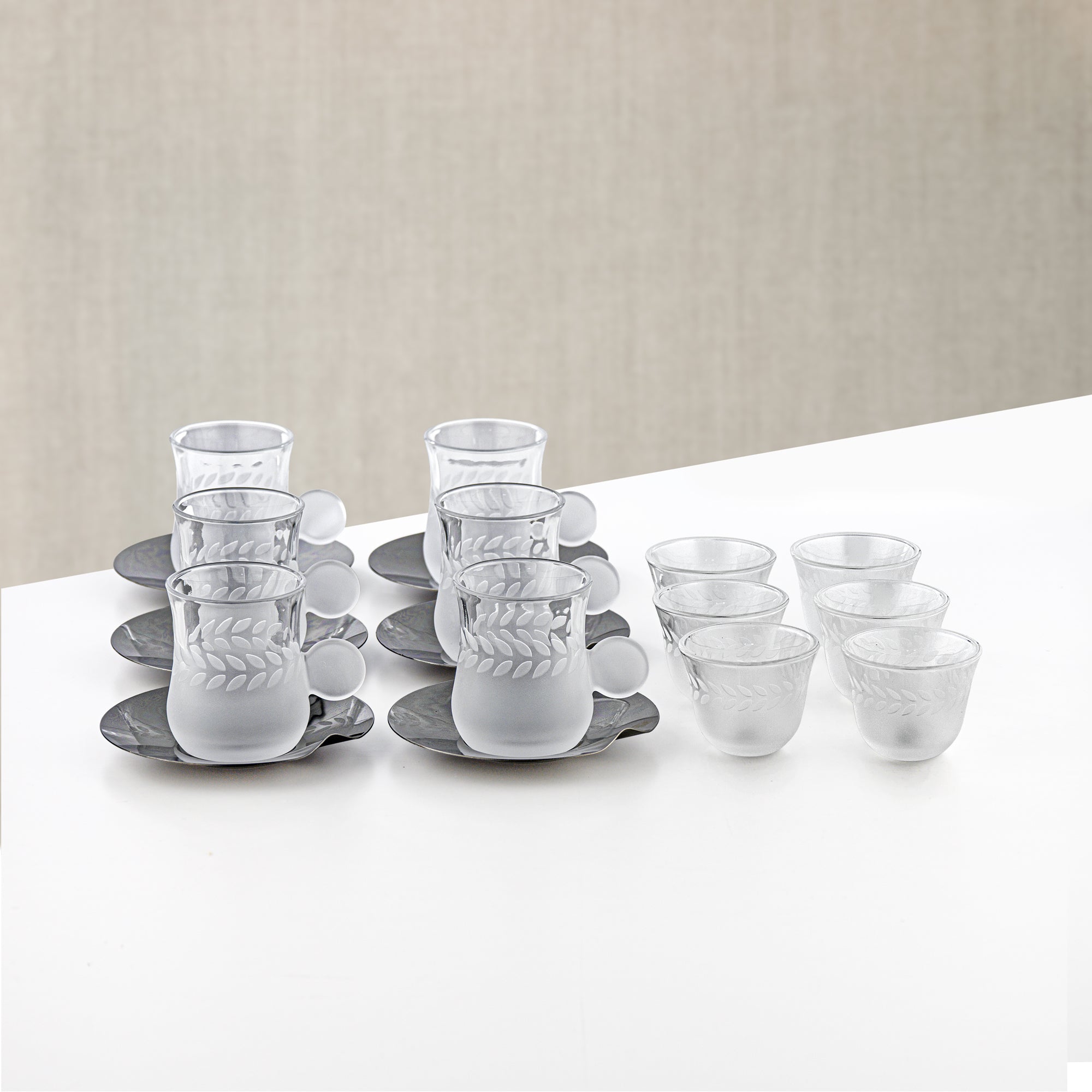Almarjan Tea & Arabic Coffee Set 18 Pieces Frosted Glass & Gun Black Stainless Steel