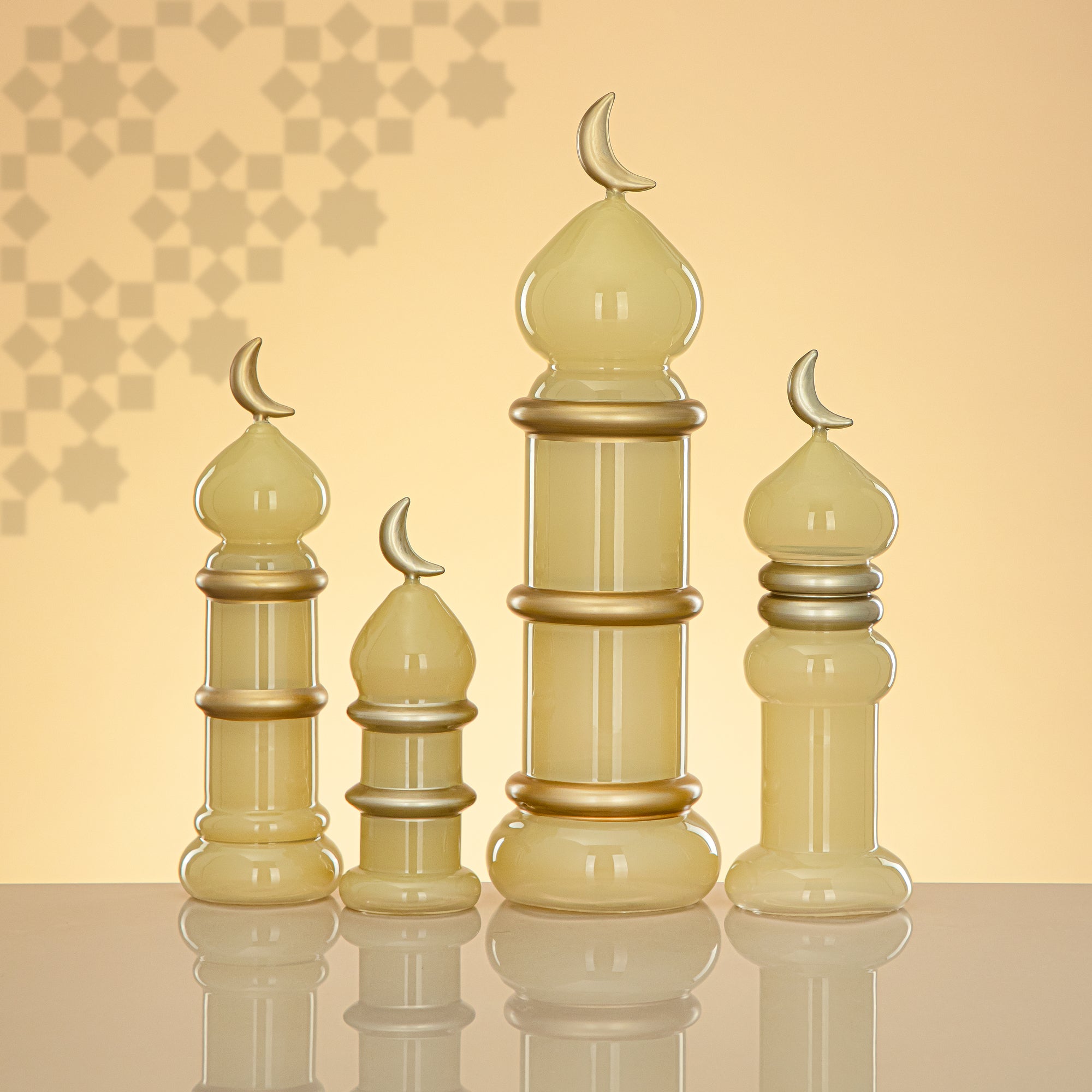 Almarjan Minaret Table Decoration 34cm x 10cm Ivory with Golden Lines & Crescent Moon – Noor Al Layali