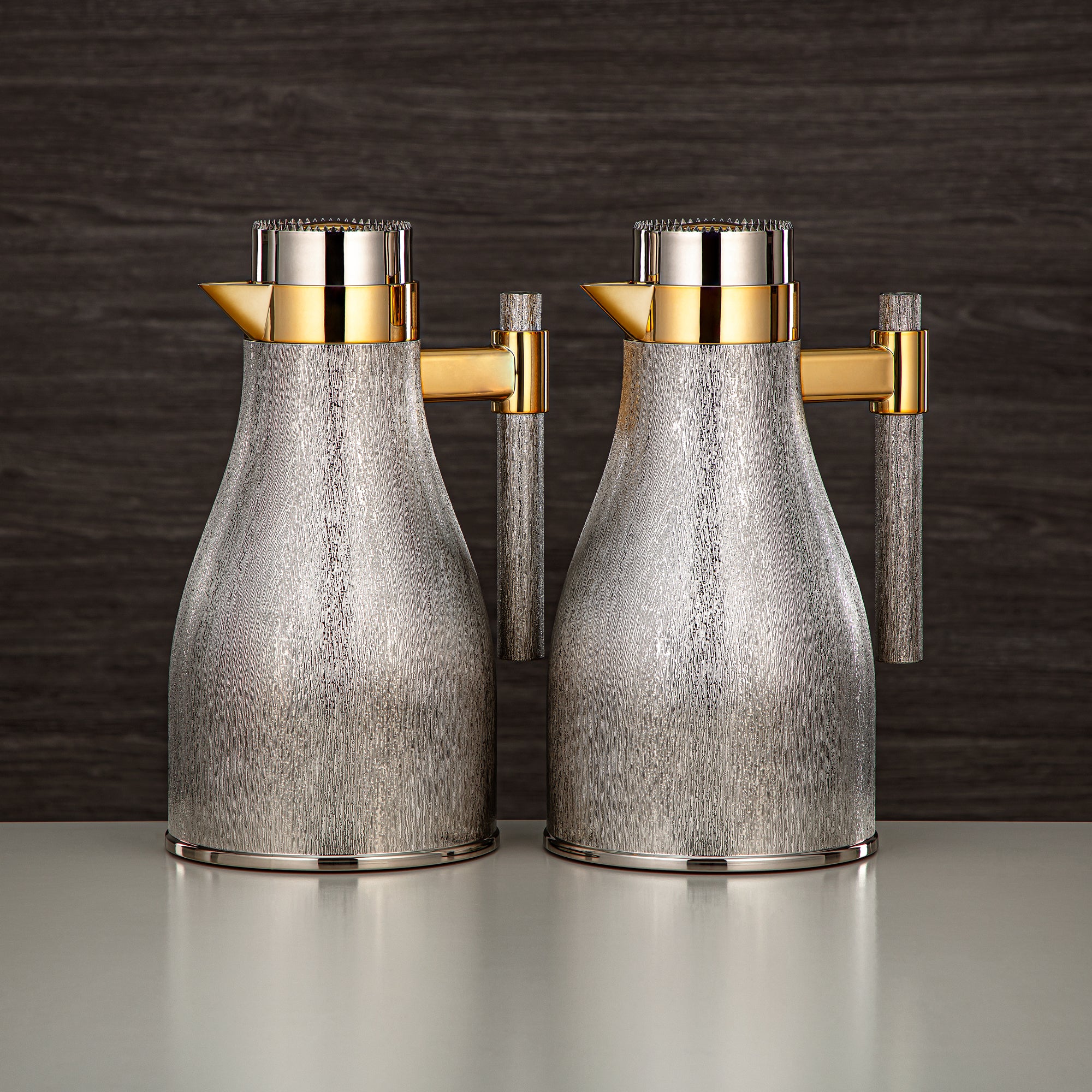 Almarjan Vacuum Flask Set ABS Push Button 1L + 1L Nickel & Gold (GOK-N-N-G) - Elegant Serving