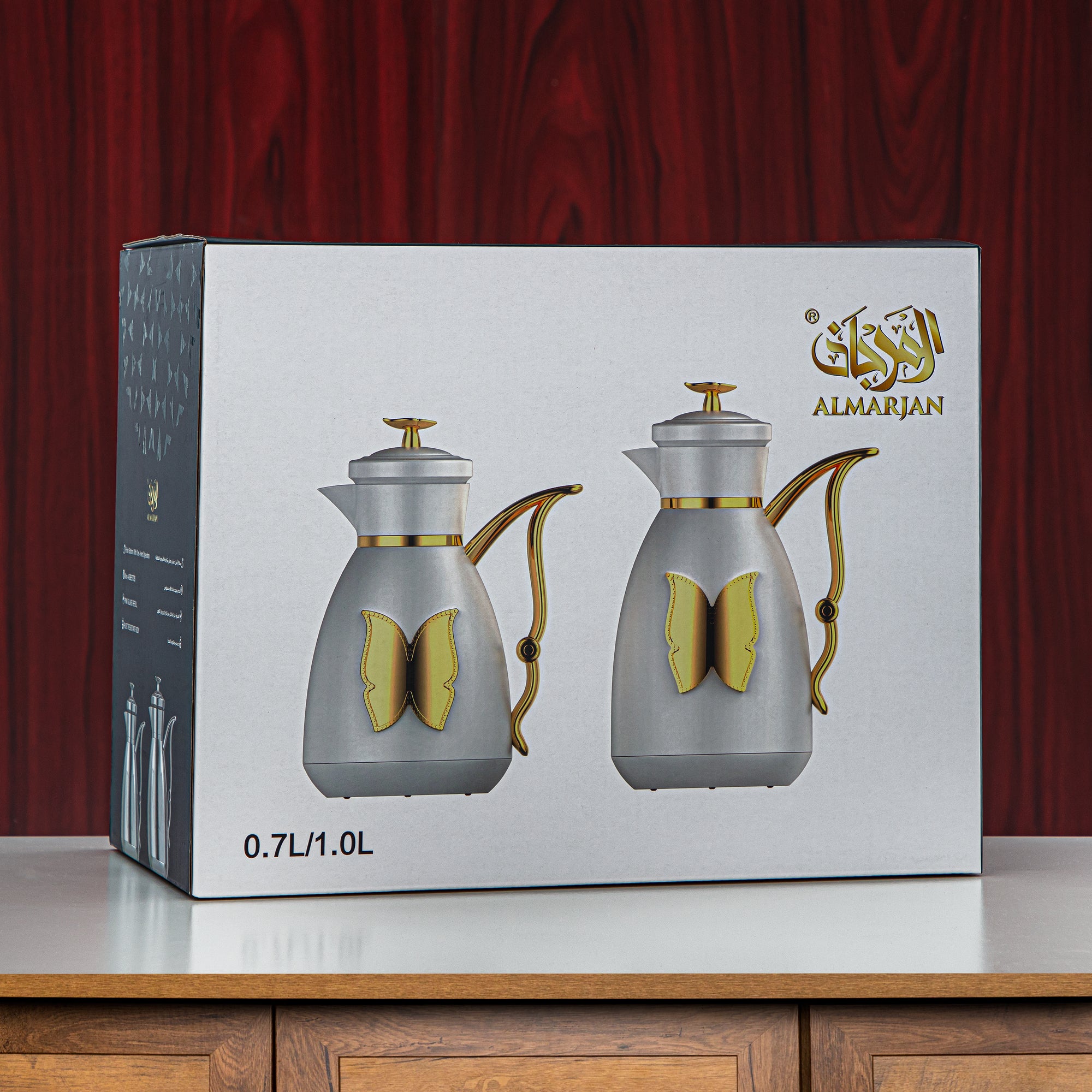 Almarjan Vacuum Flask Set Plastic Push Button 0.7L + 1L Silver (SM-2C142-070/100 ALL C) - Tea & Coffee Flask