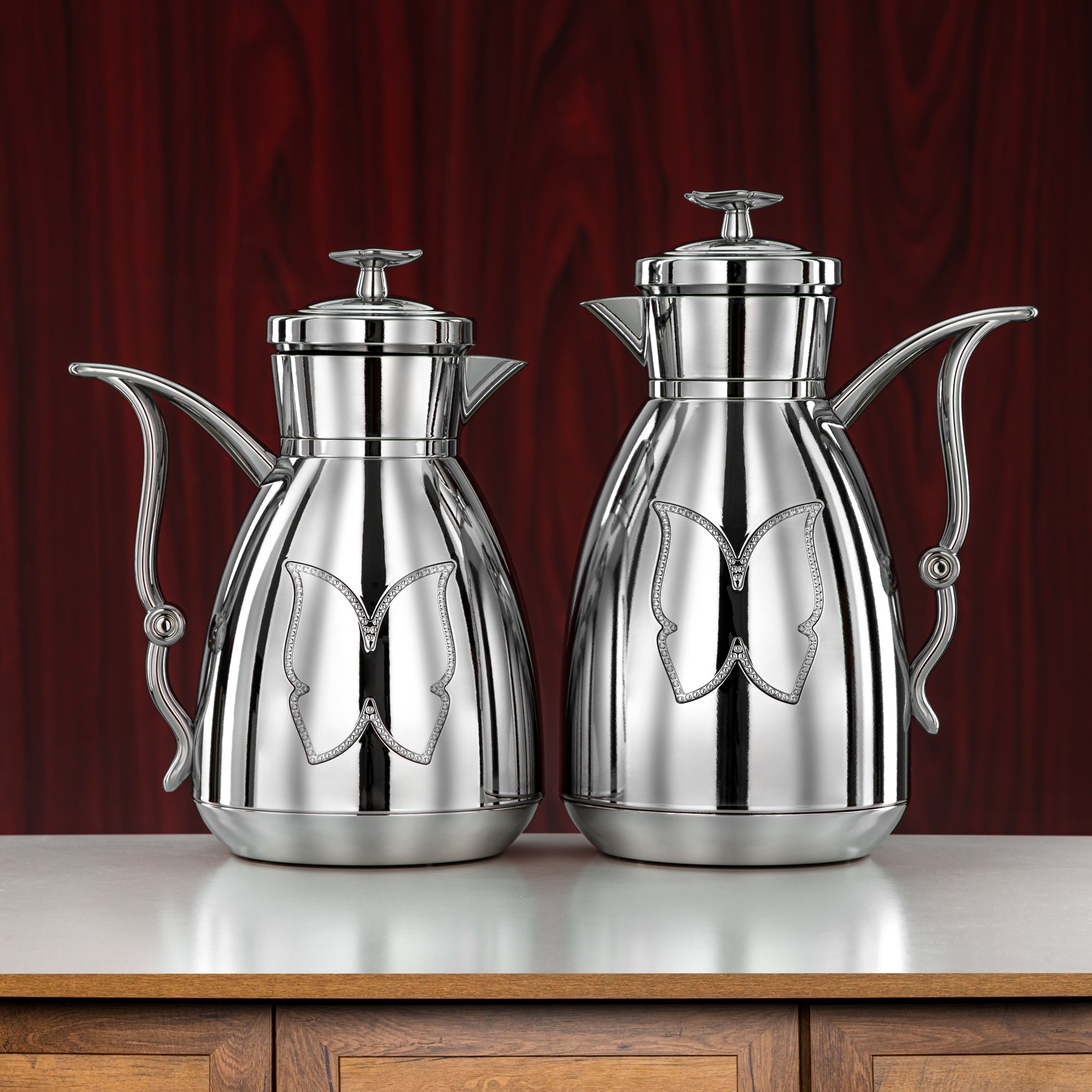 Almarjan Vacuum Flask Set Plastic Push Button 0.7L + 1L Silver (SM-2C142-070/100 ALL C) - Tea & Coffee Flask