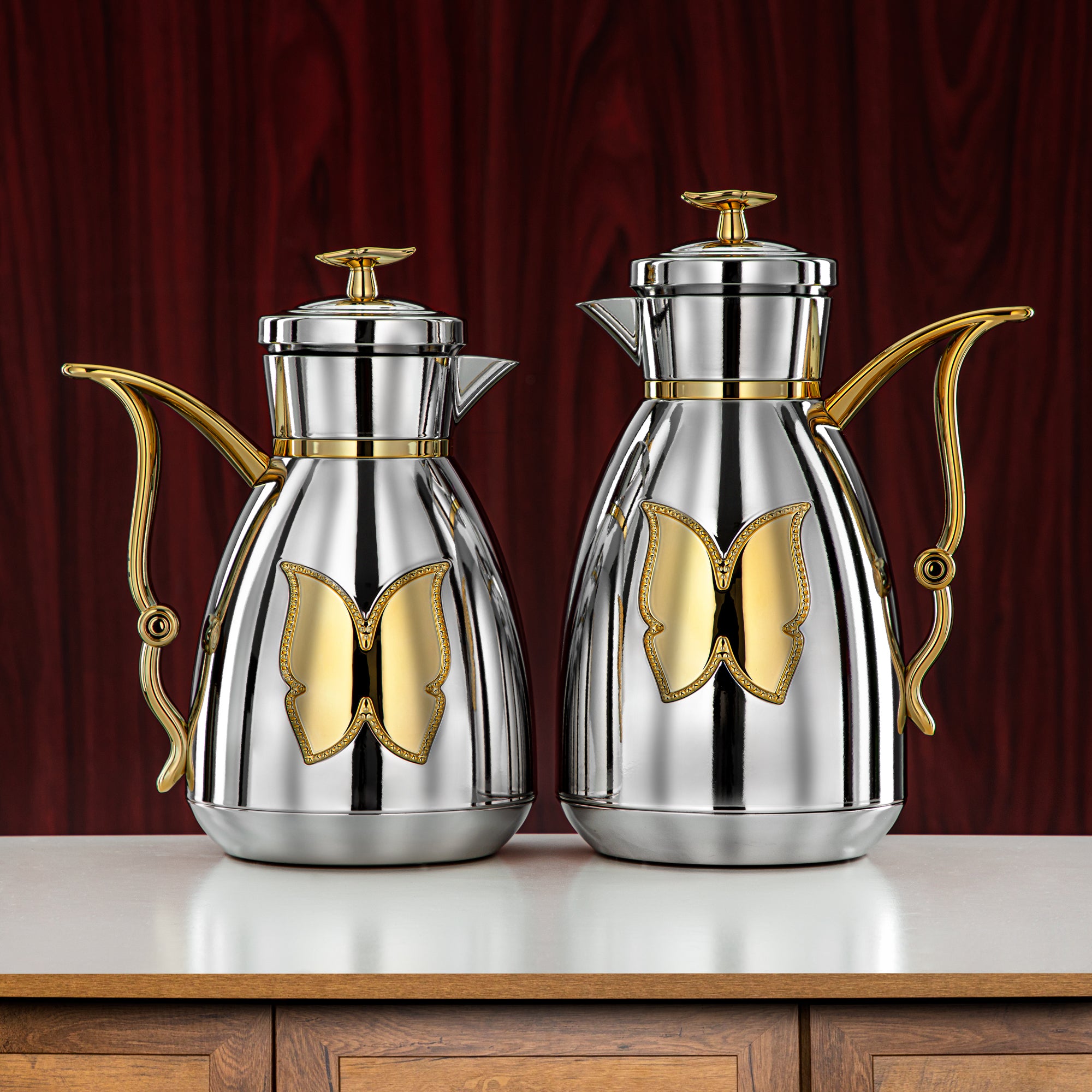 Almarjan Vacuum Flask Set Plastic Push Button 0.7L + 1L Silver & Gold (SM-2C142-070/100 C/G) - Tea & Coffee Flask