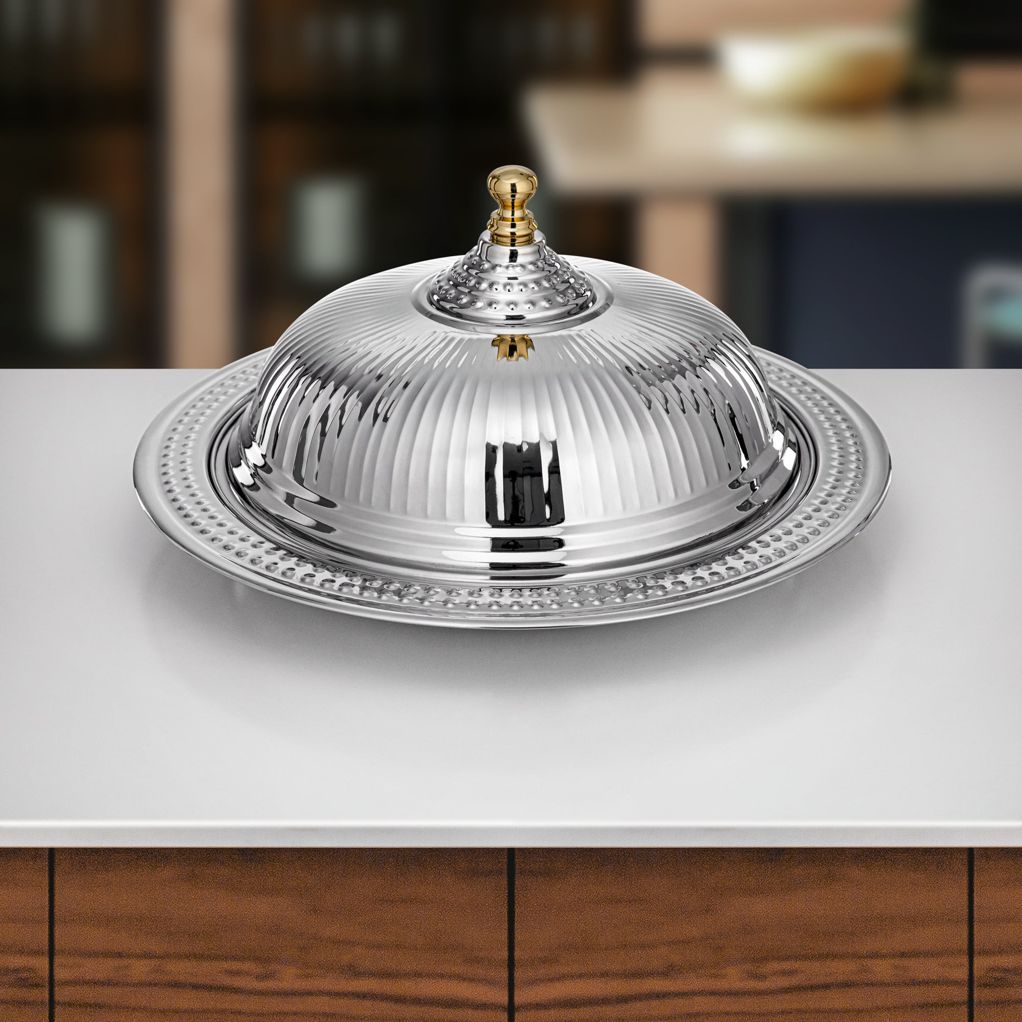 صينية الديوان المرجان مع غطاء، فضية، بطول 45 سم