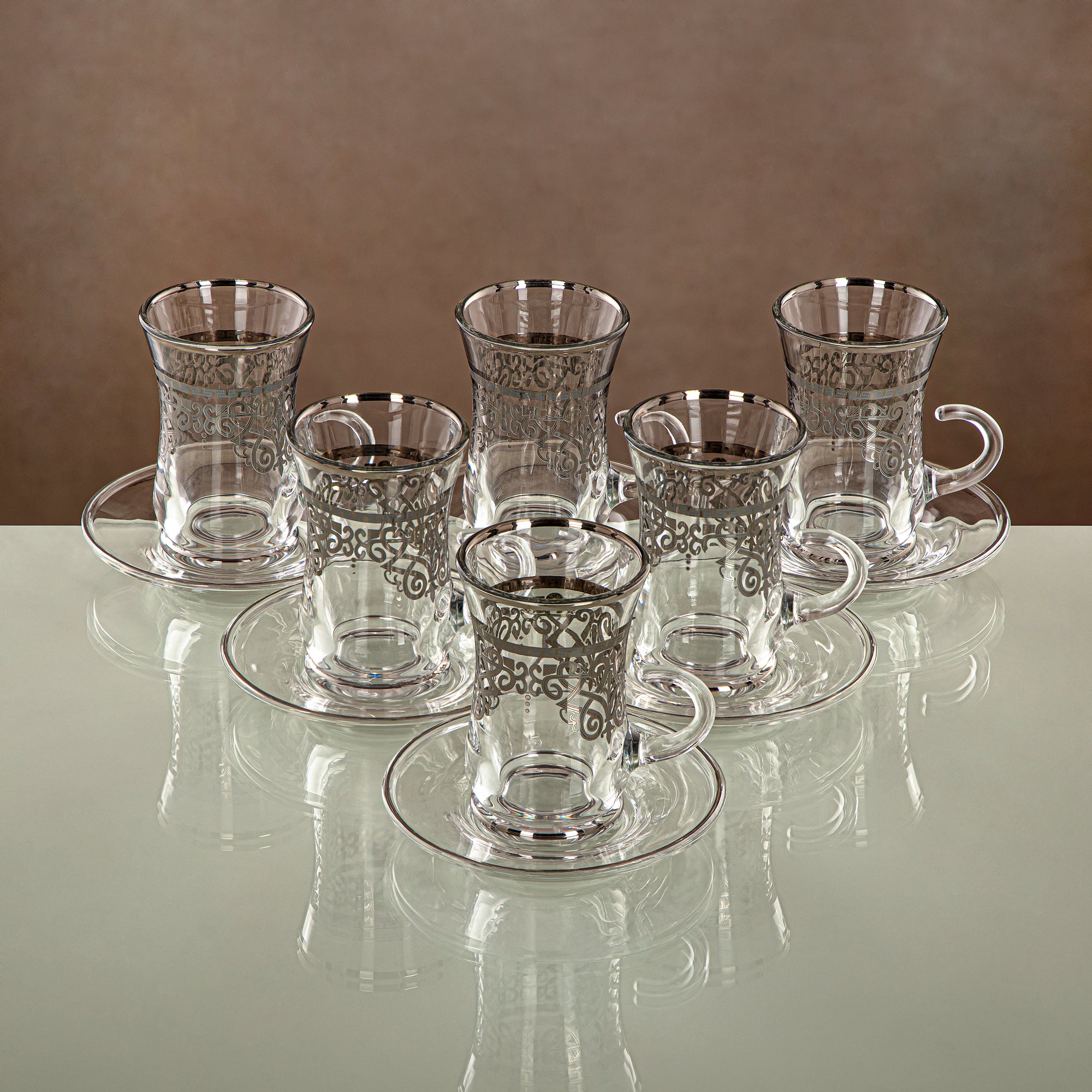Almarjan Tea Cup & Saucer Set Clear & silver 6 pieces (1496BJ-0001P-YCS-SIL) Gatherings, special occasions, Ramadan, eid
