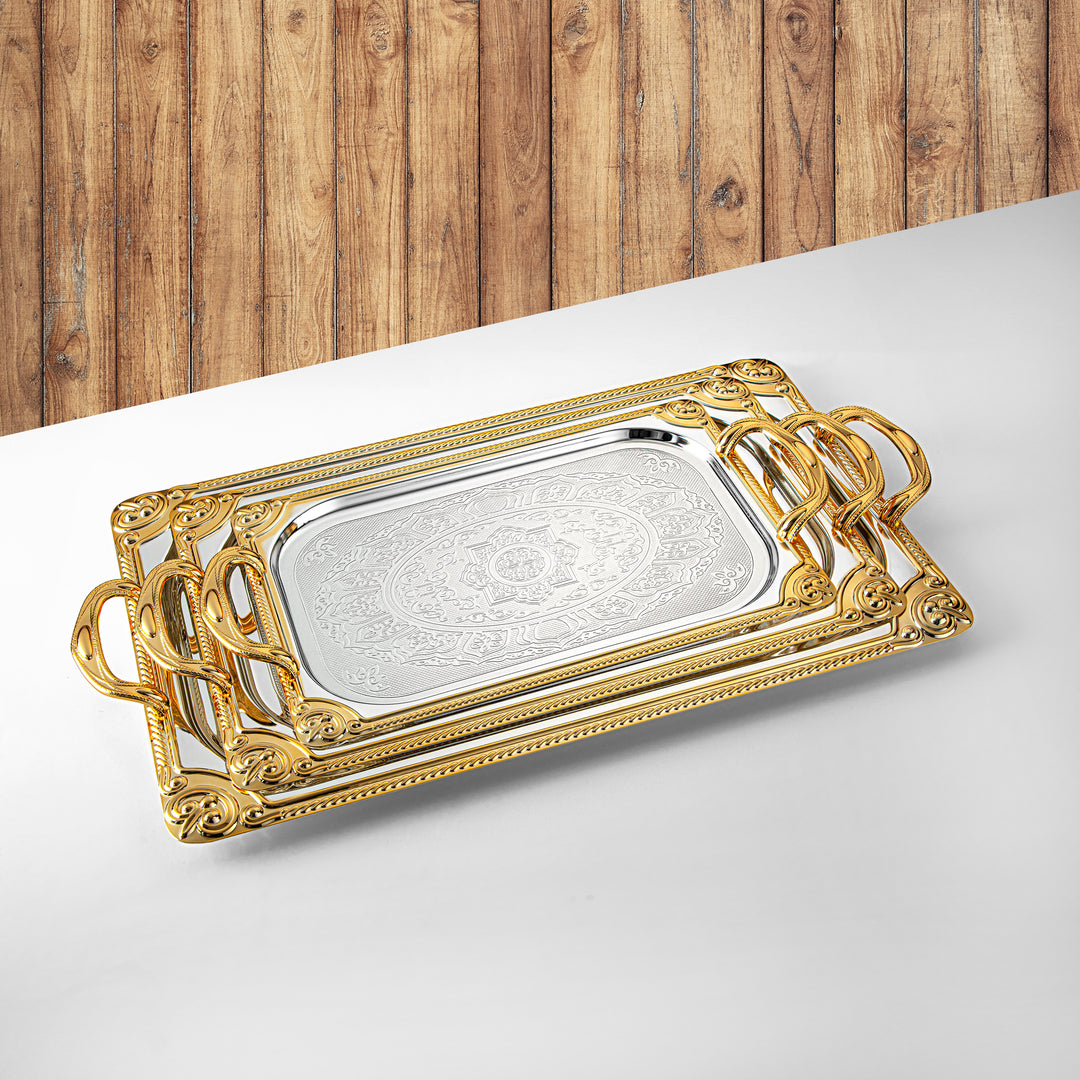 Almarjan Serving Tray Set - 3 Pieces, Silver & Golden (307XLLM-SG) | Ramadan & Special Occasions