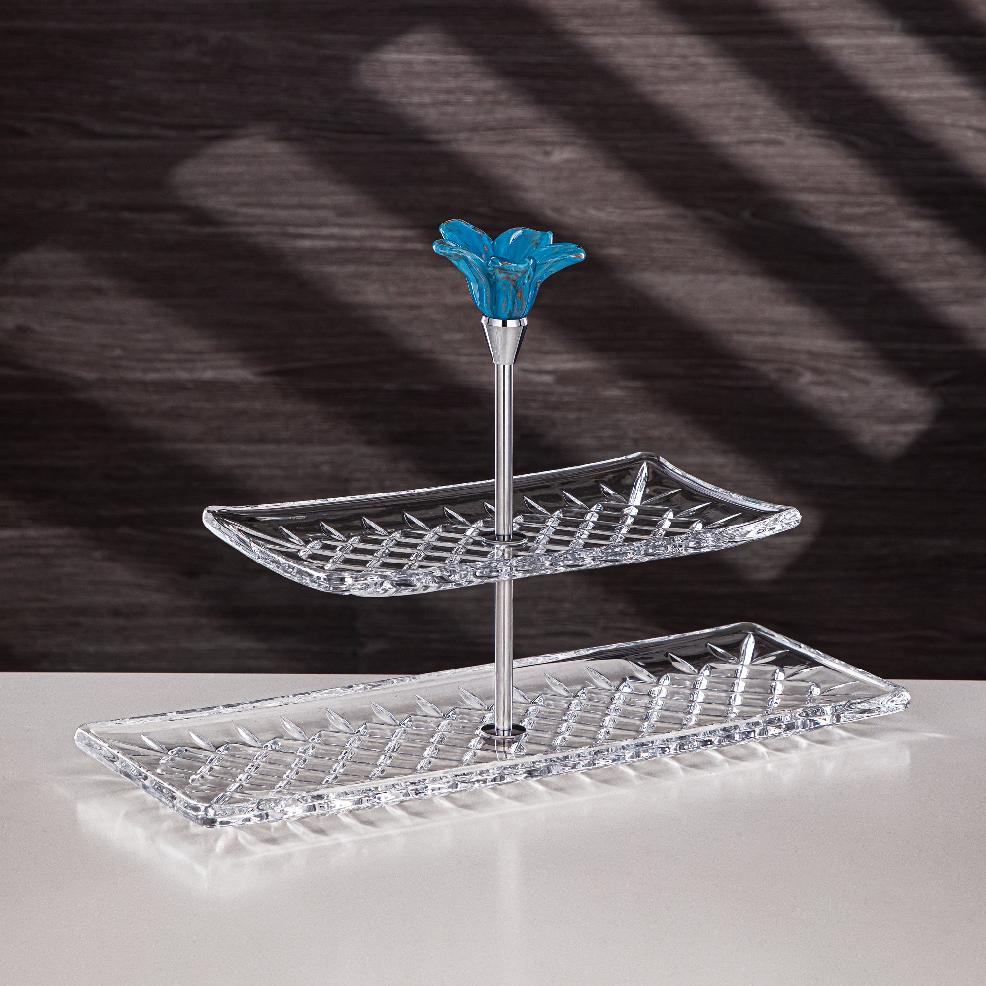 Almarjan Serveware Glass 2-Tier Rectangle Clear with Blue Flower