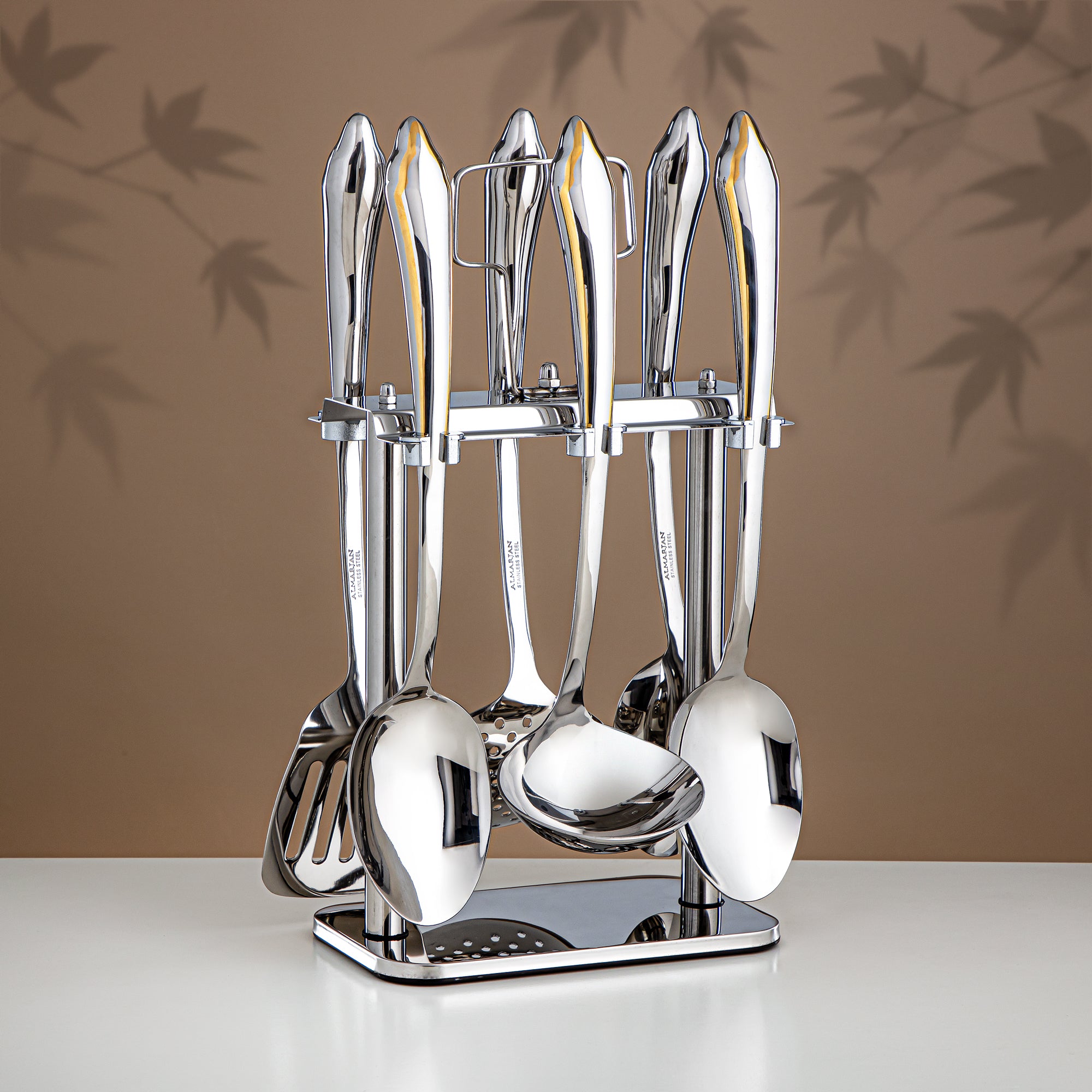 Almarjan Kitchen Tools Set 7 Pieces, Stainless Steel, with Stand, Silver & Gold (CUT1620084) - Elegant Serveware