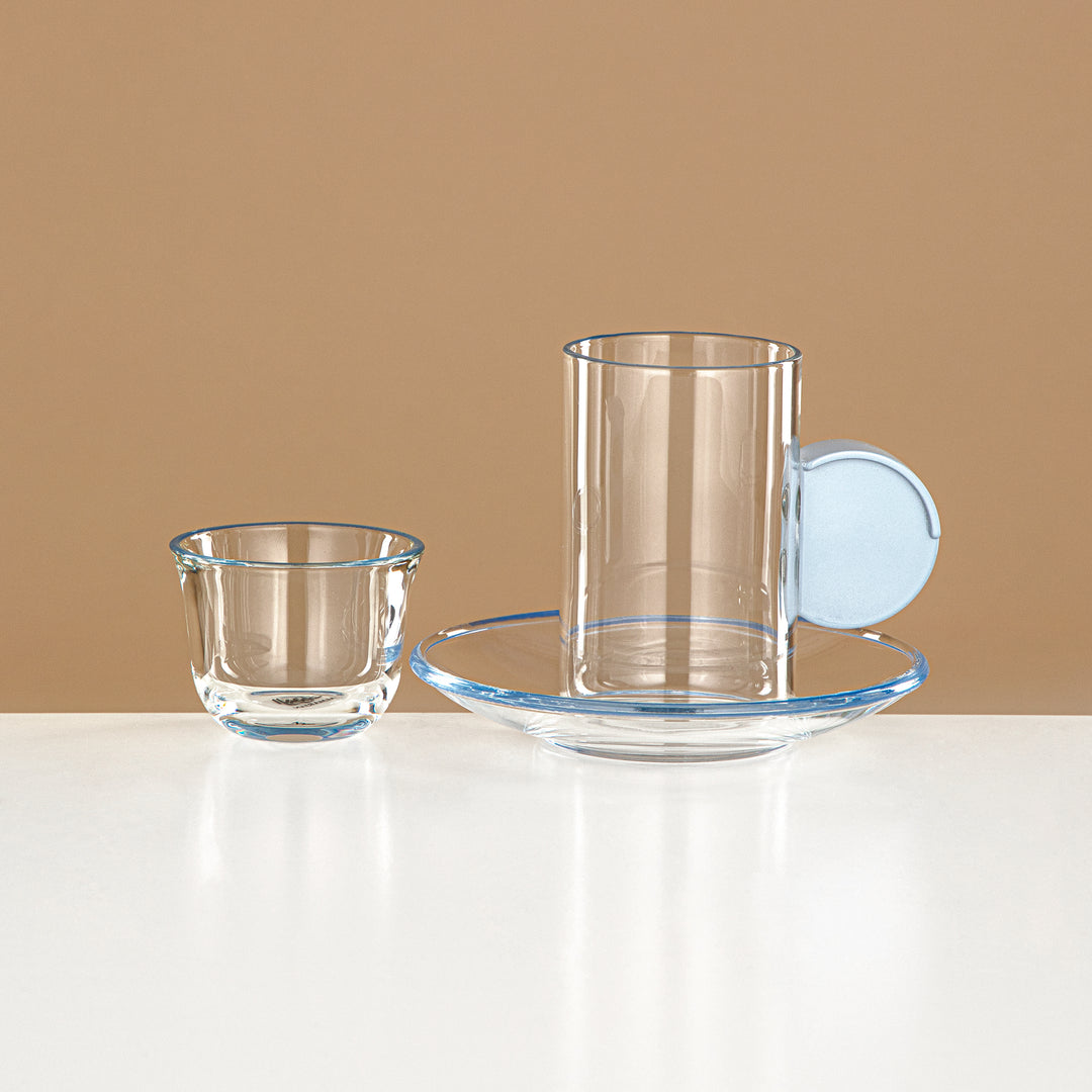 Almarjan Tea & Coffee Set 18 Pieces, Glass, Baby Blue Rim & Handle (FB808-18 ALLHB) - Elegant Serveware for Tea & Coffee