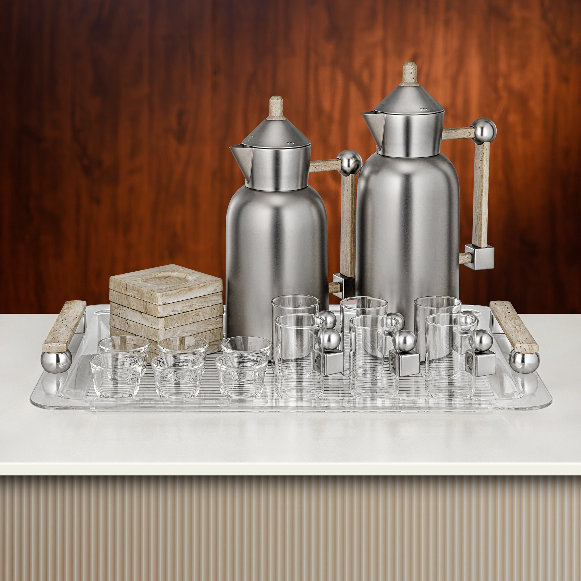 Almarjan Tea & Coffee Set 21 Pieces Matt Nickel & Travertine