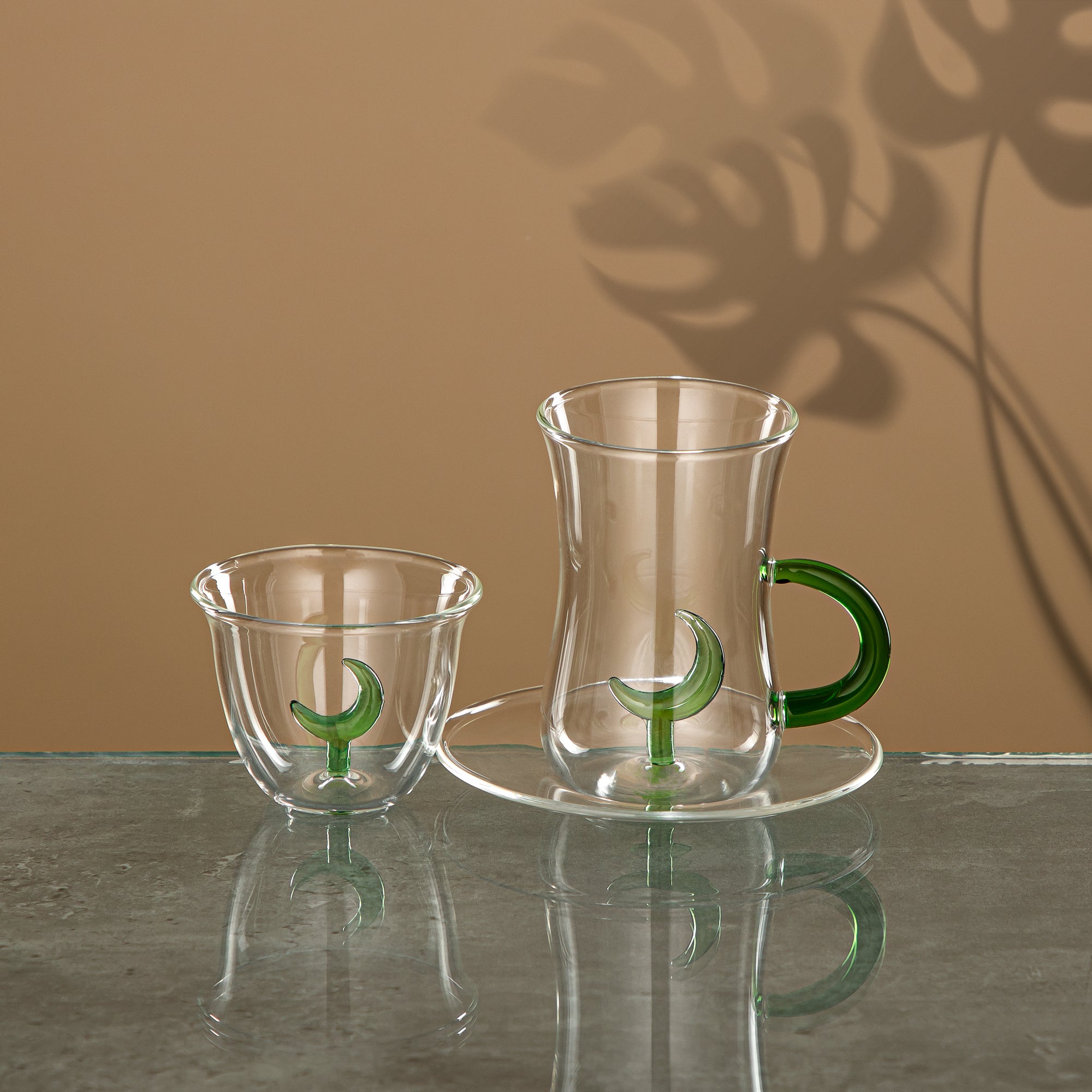 Almarjan Tea & Coffee Set 18 Pieces, Borosilicate Glass, Clear & Green (GLS0010172) - Moonrise Collection