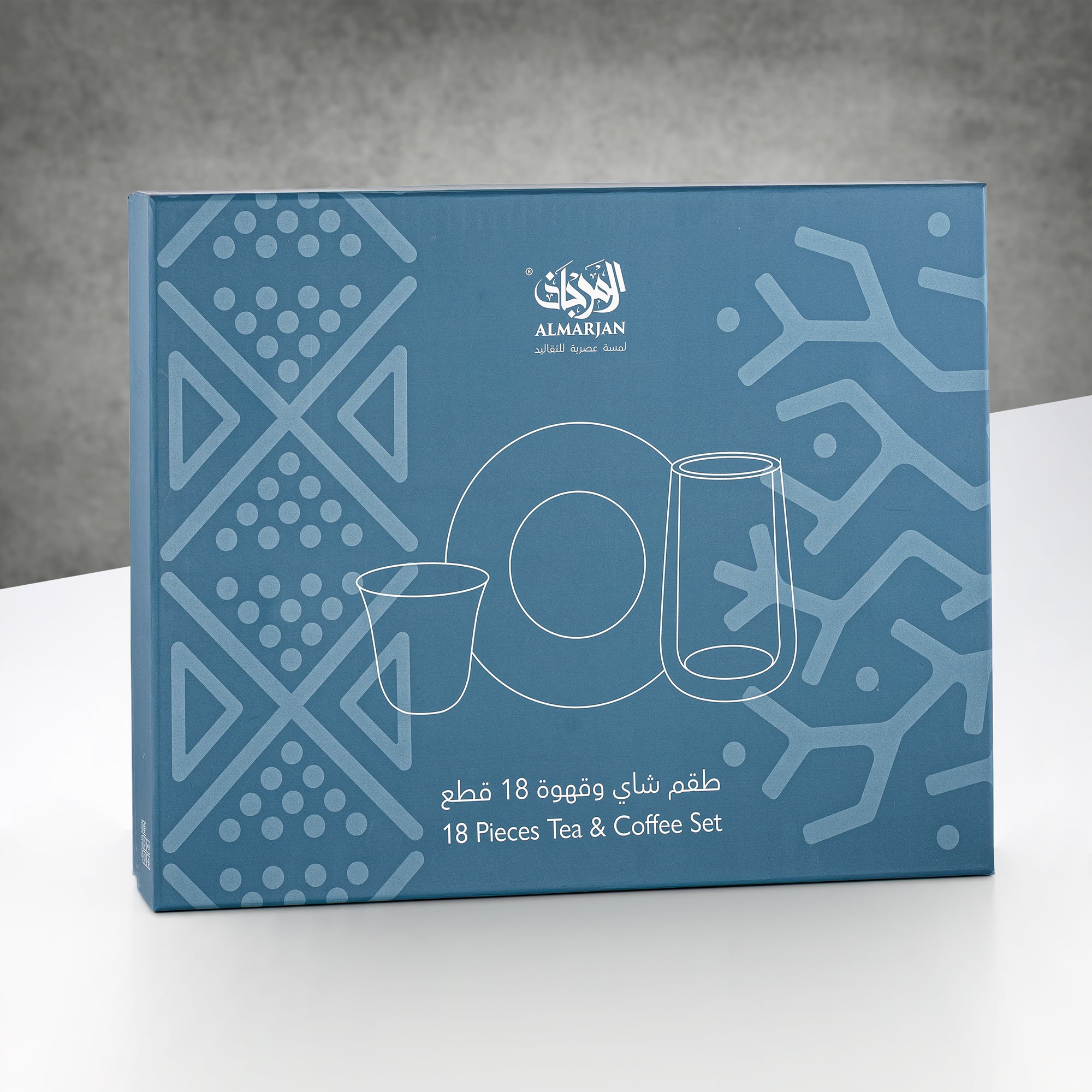 Almarjan Tea & Coffee Glass Set 18 Pieces Clear with White Geometric Pattern