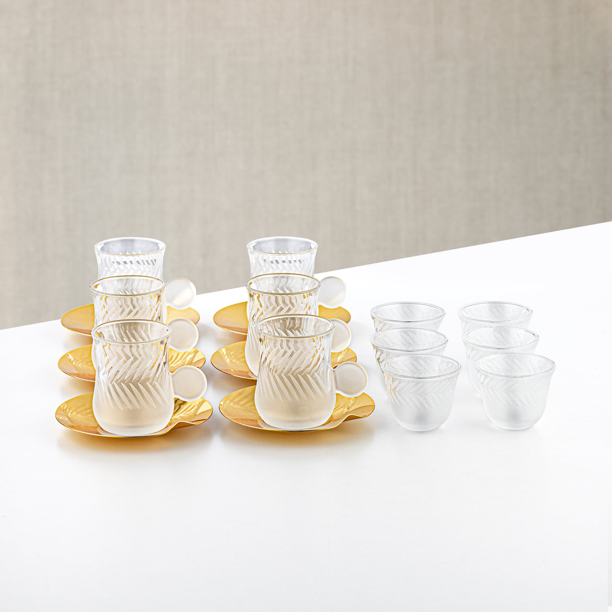 Almarjan Tea & Arabic Coffee Set 18 Pieces Frosted Glass & Golden Stainless Steel