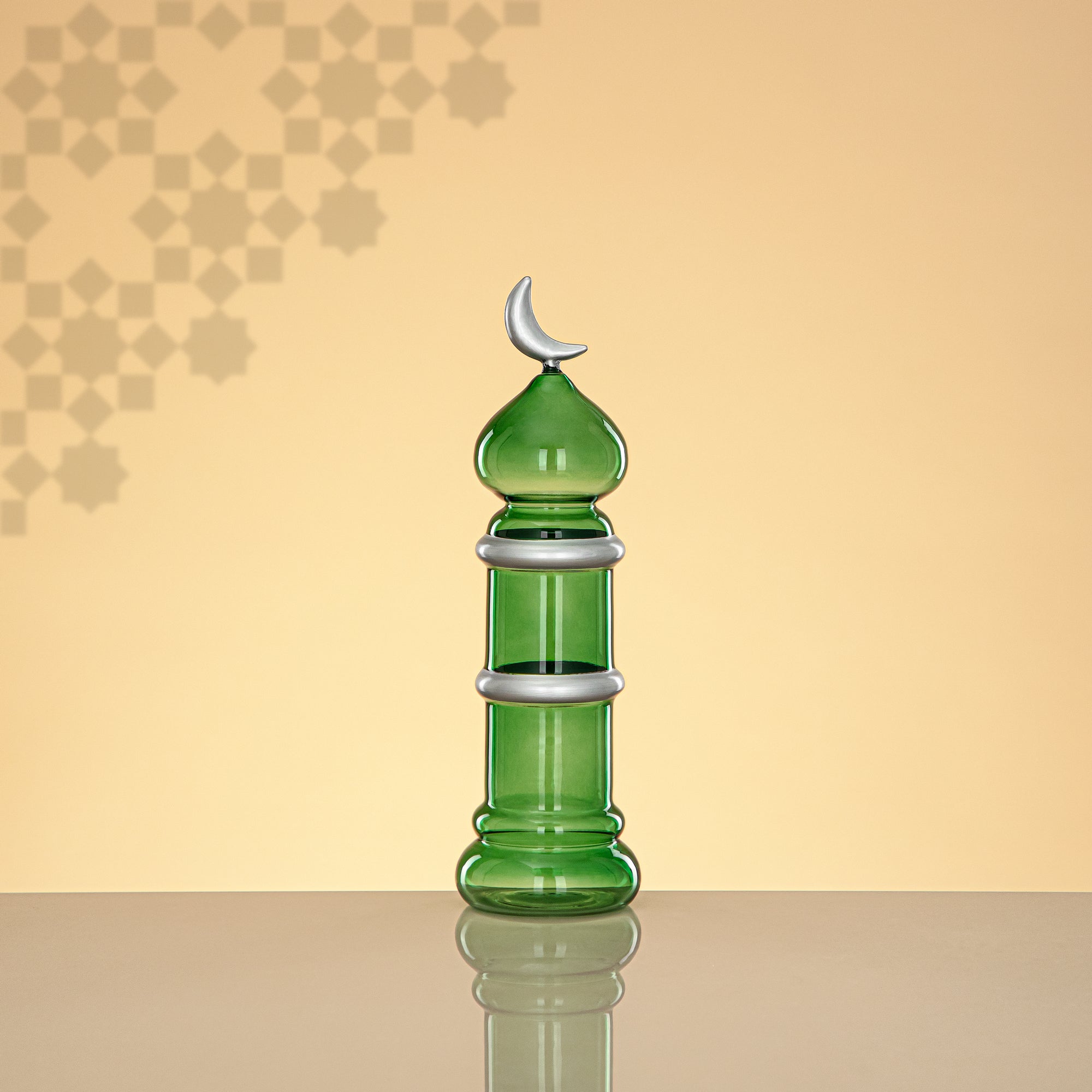 Almarjan Minaret Table Decoration 24cm x 7cm Transparent Green with Silver Lines & Crescent Moon – Noor Al Layali