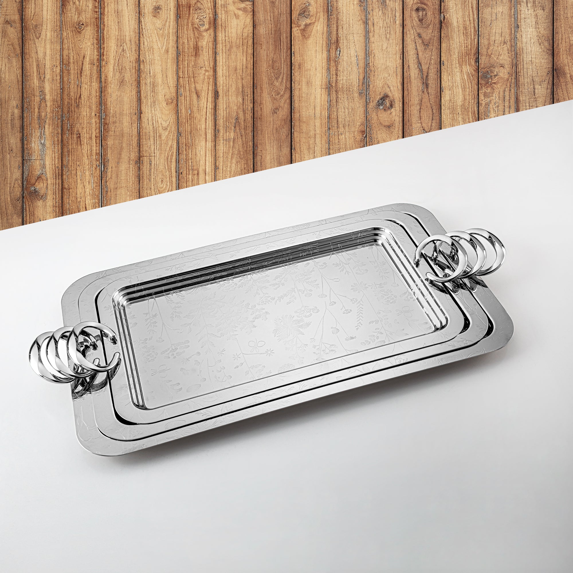 Almarjan Serving Tray Set - 3 Pieces, Silver (HT2408003) | Ramadan & E