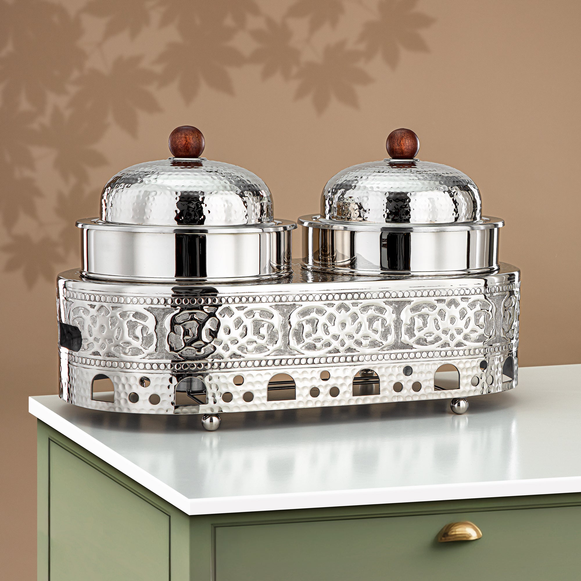 Almarjan Chafing Dish Double Stainless Steel, 1.25L + 1.25L, Silver (MD-3045) - Stylish Serveware