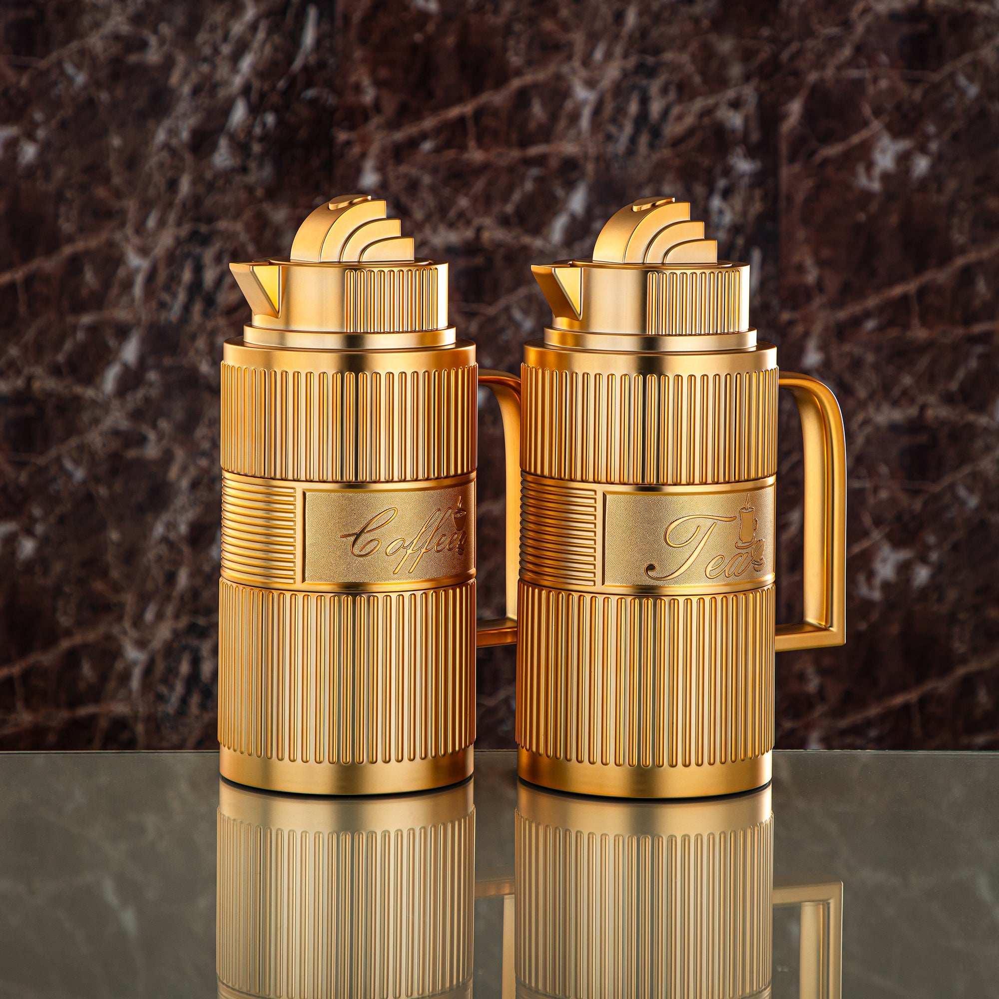 Almarjan Vacuum Flask Set, ABS, Push Button - 1L + 1L, Matt Gold (OUD-MG) - Tea & Coffee