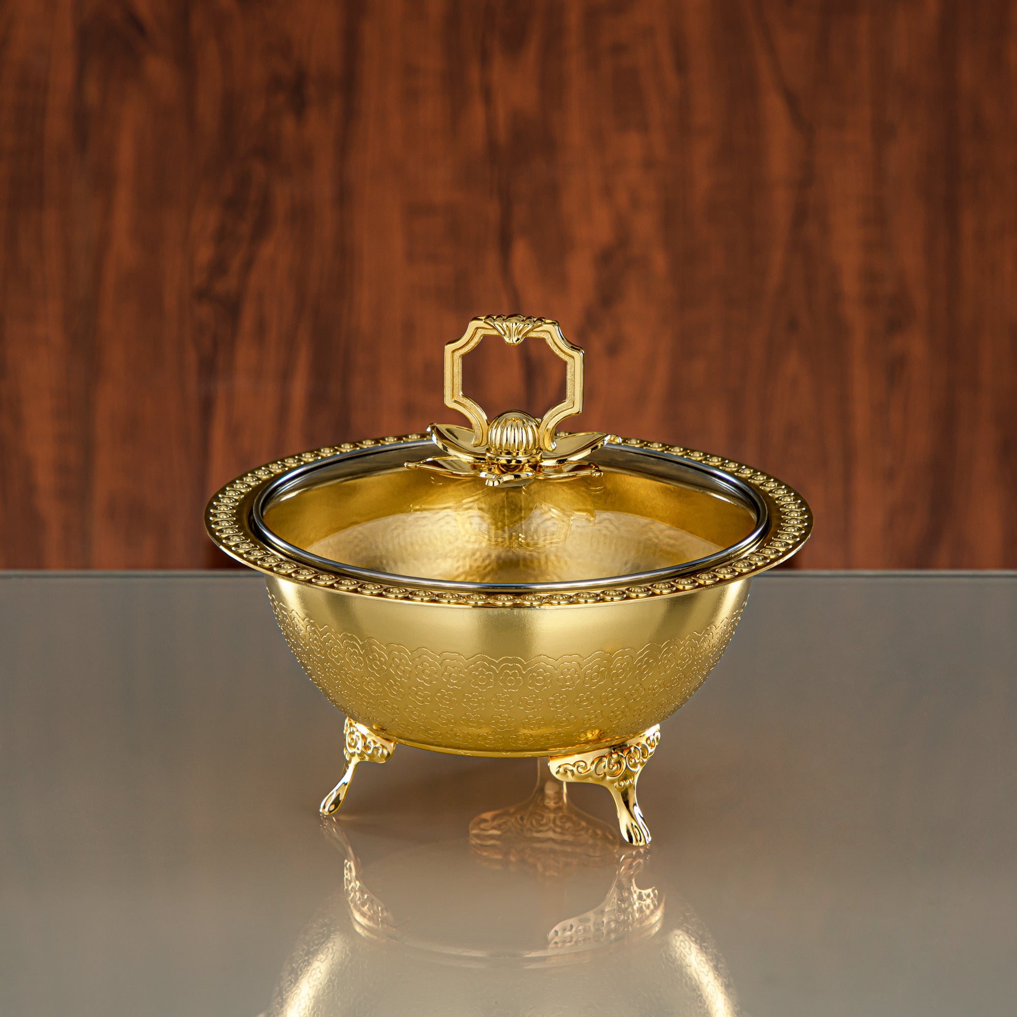Almarjan Brushed Gold Date Bowl with Glass Cover – 18 CM