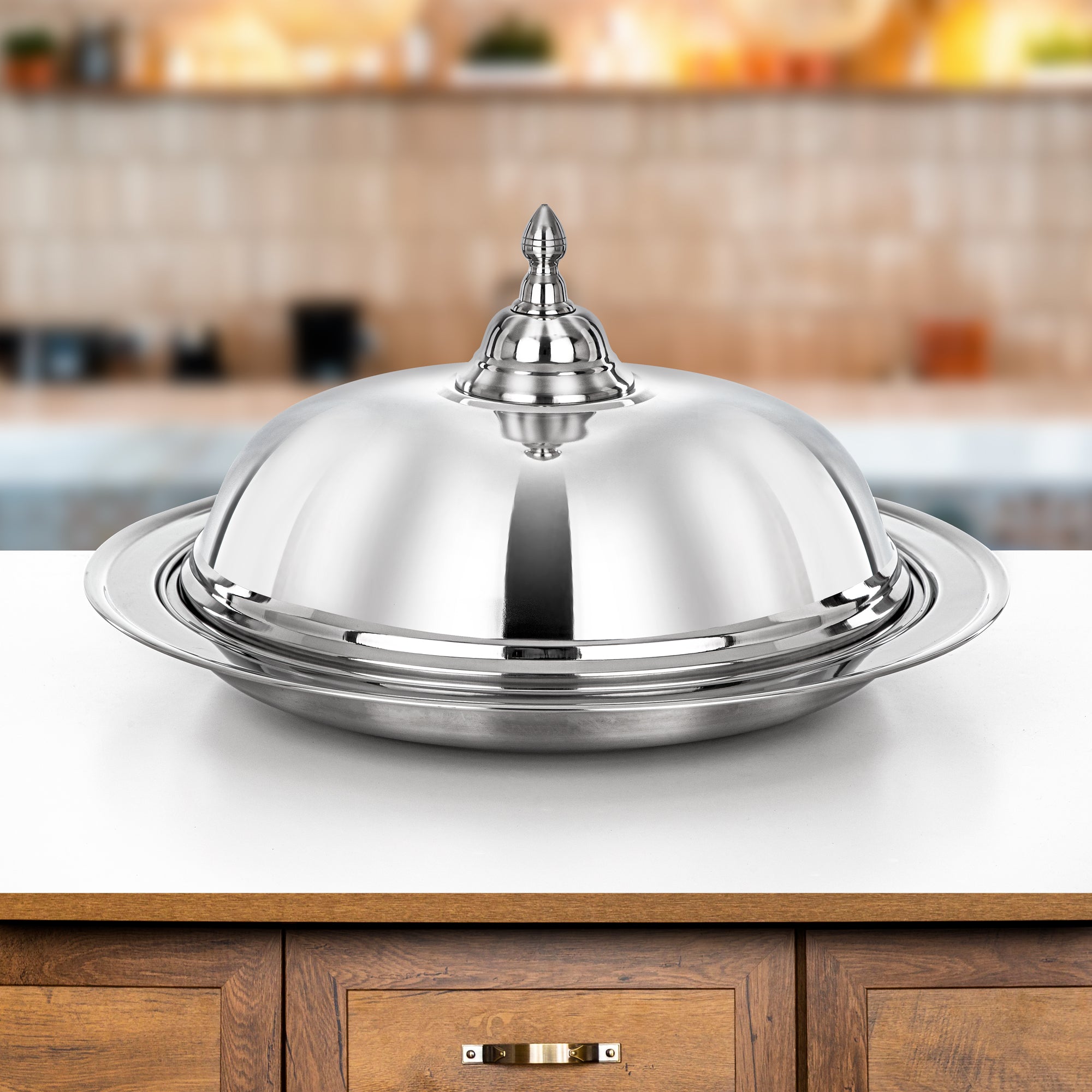 Almarjan Diwan Koozy Tray - 50CM Stainless Steel with Dome Cover, Mirror-Finish Serveware (H24P2)