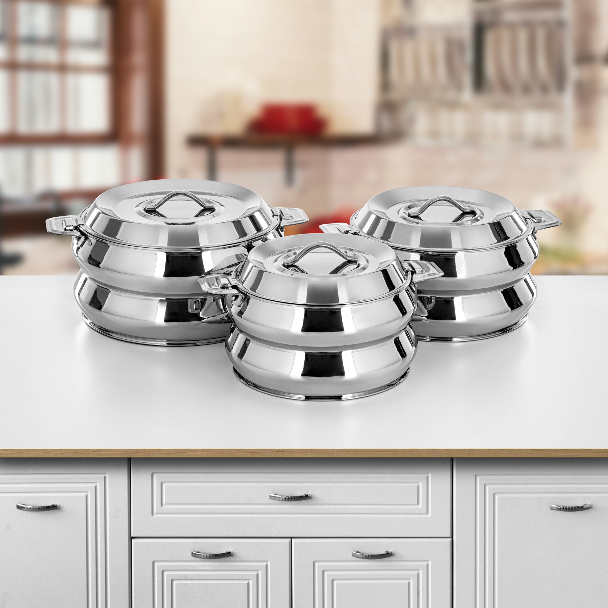 Almarjan Hot Pot Set 3-Pieces Stainless Steel, Silver, (H25P2) - Ghada Collection, Ramadan & Eid