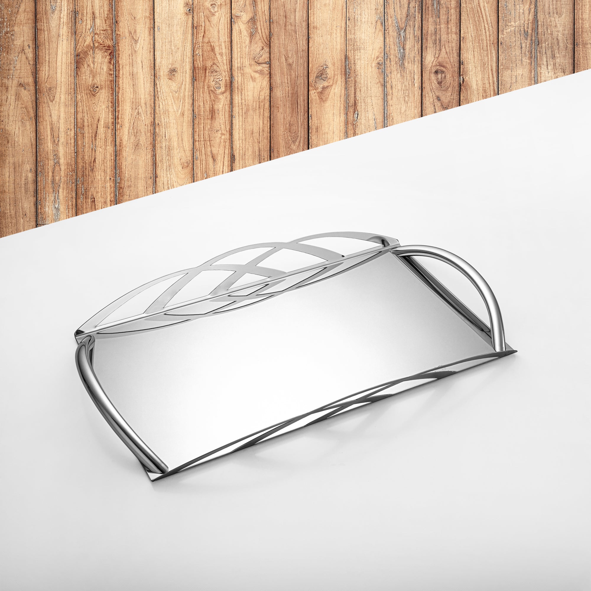 Almarjan Silver Mirror Finish Rectangle Serving Tray - 45CM, Made in Italy