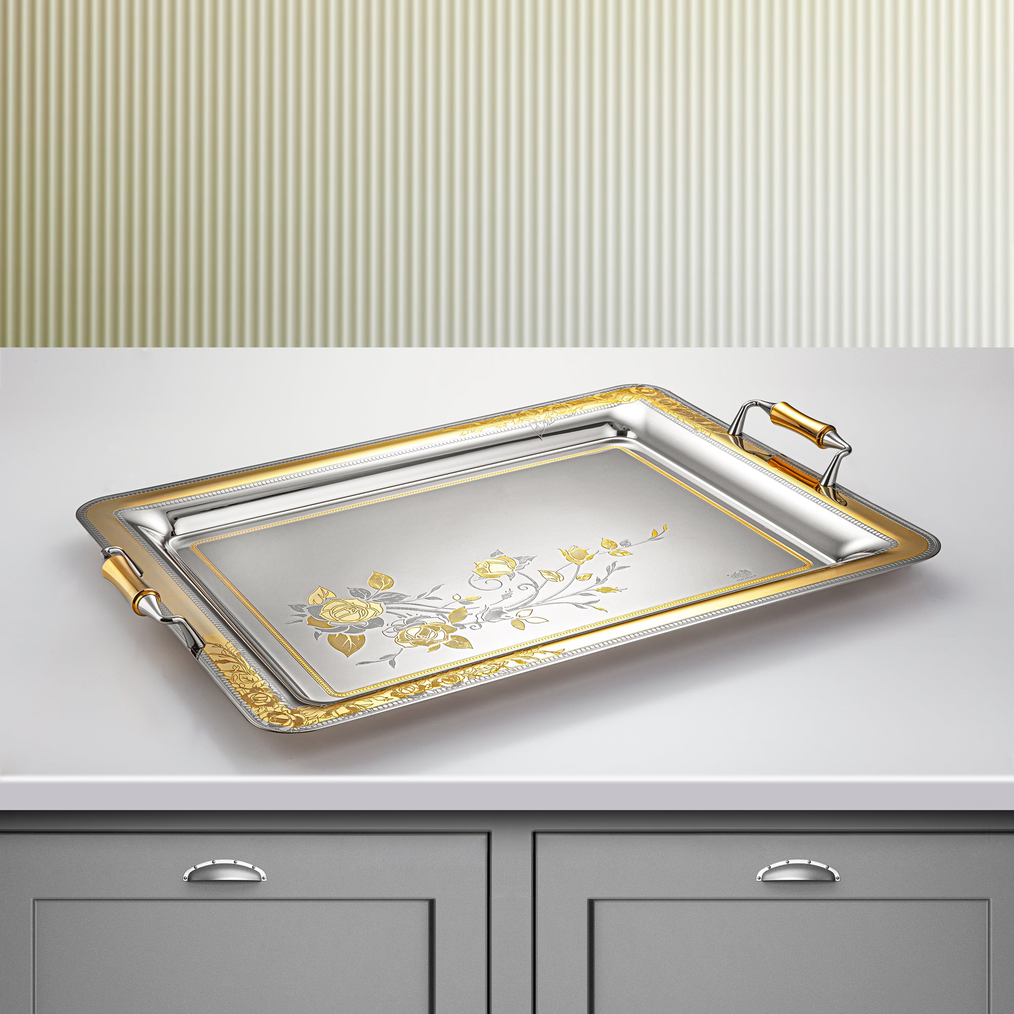 Almarjan 57 CM Lea Collection Stainless Steel Serving Tray Silver & Gold - STS2051259